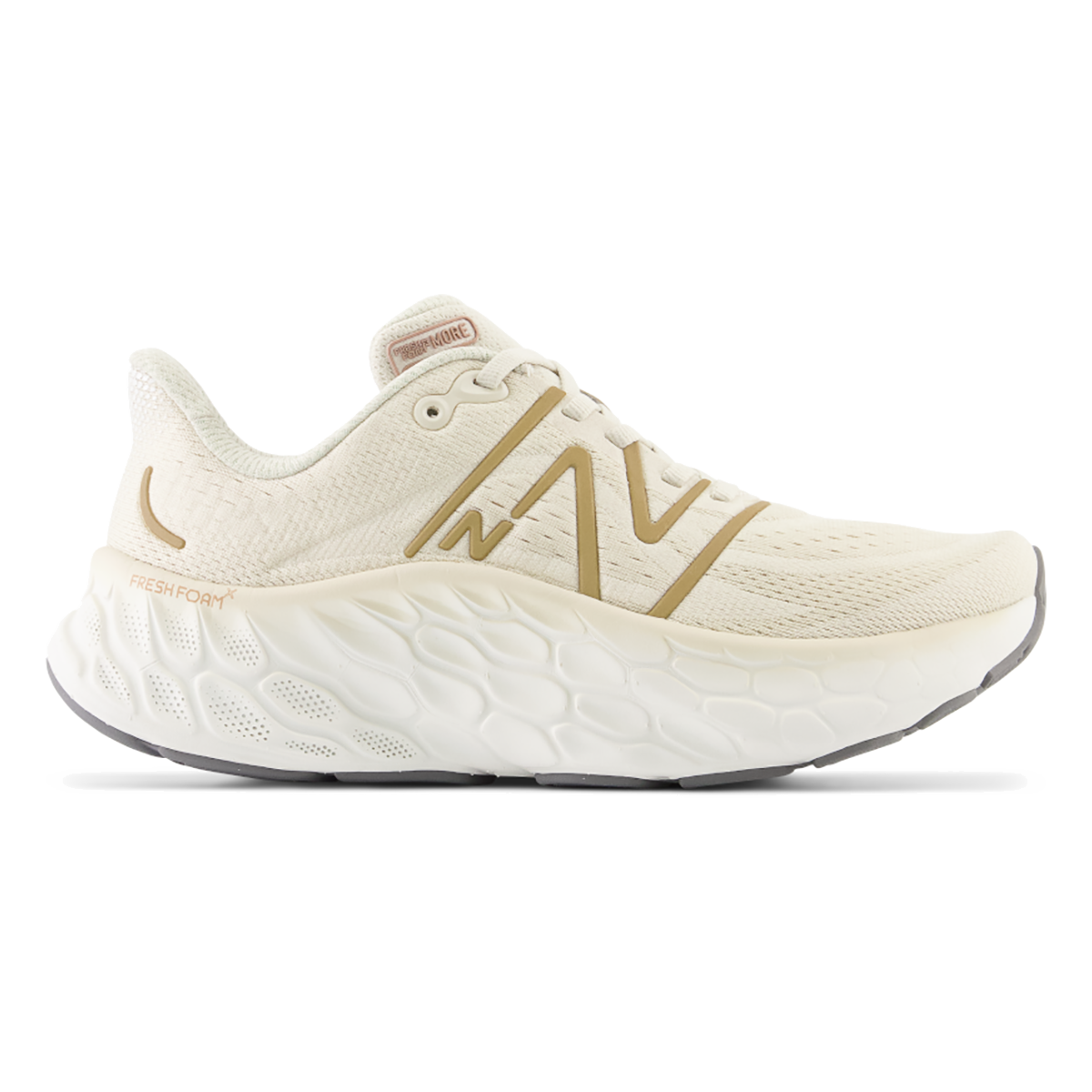 Side view on white background of Womens New Balance Fresh Foam X More v4 running shoe in Timberworlf/Gold Metallic, Medium (Regular) width