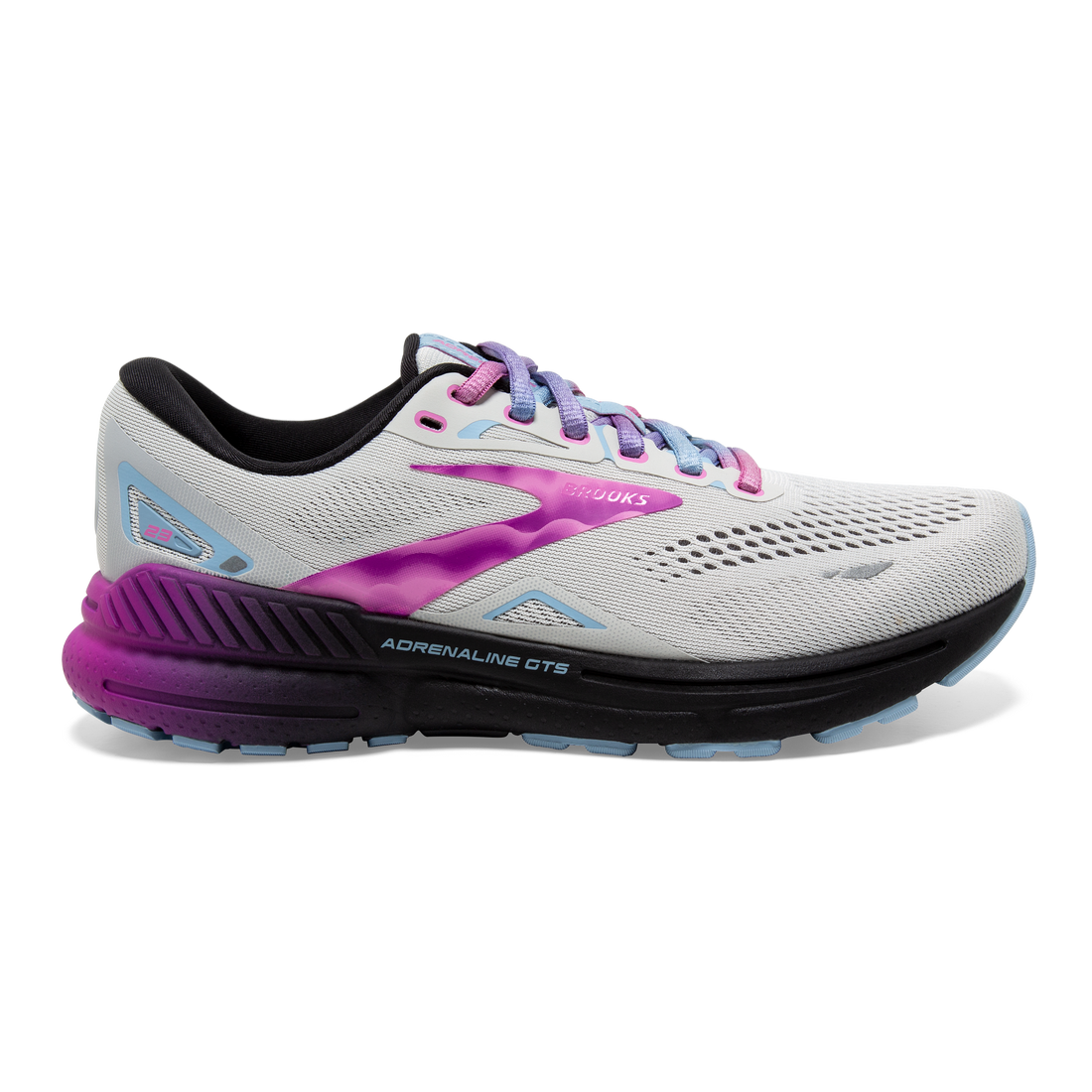 Brooks Adrenaline GTS 23 Womens running shoes in Dawn Blue/Purple Cactus/Black - side view on white background