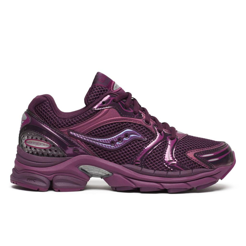 Side view on white background of Womens Saucony Progrid Triumph 4 running shoe in Plum, Medium (Regular) width