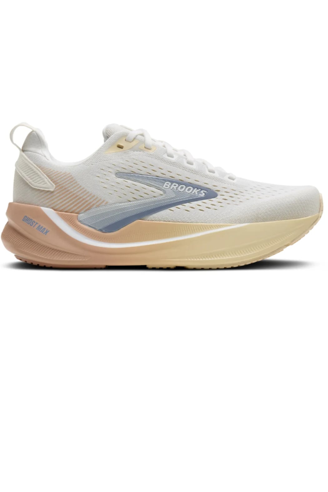 Side view on white background of Womens Brooks Ghost Max 4 running shoe in White/Rose/Rutabaga, Extra Wide width
