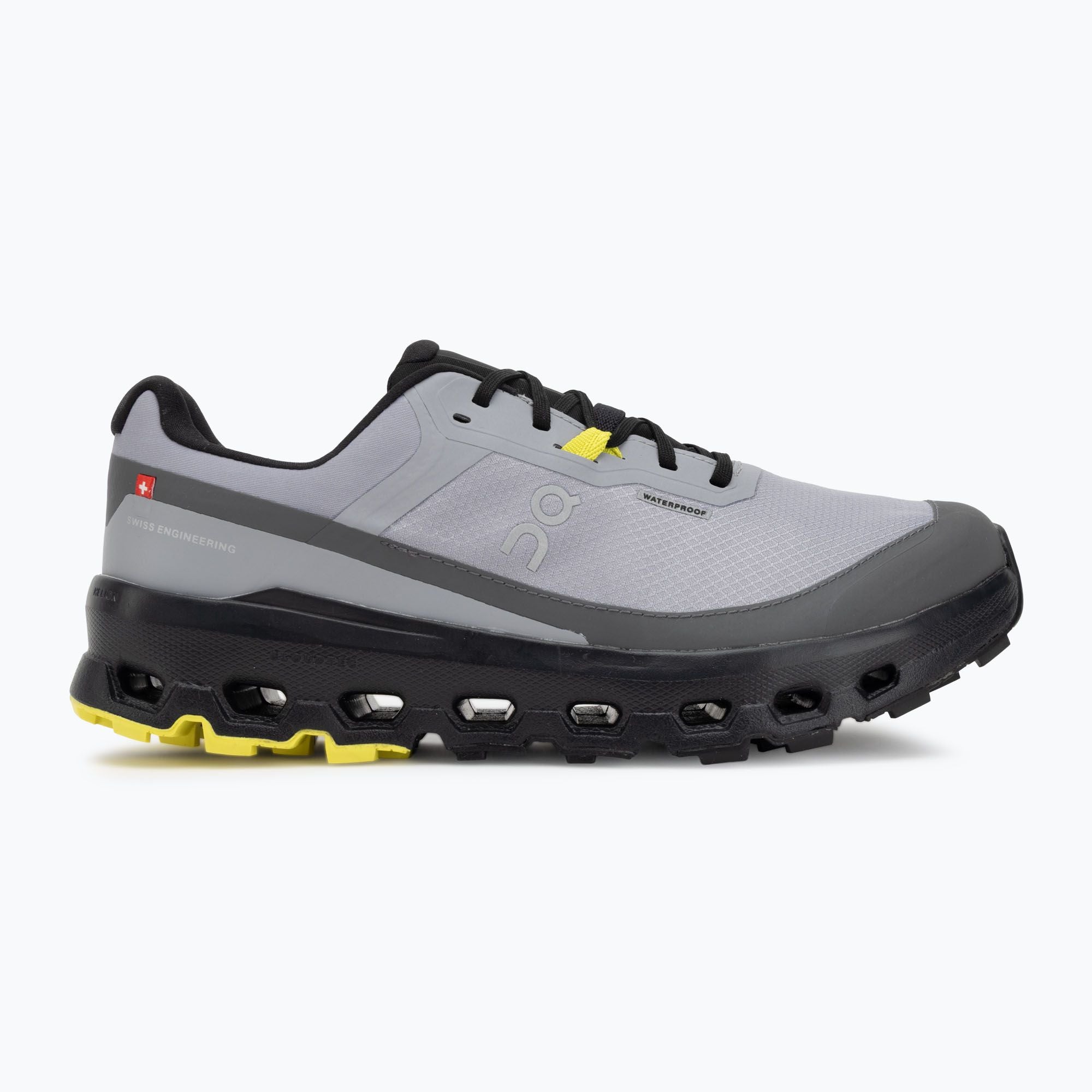 Side view on white background of Womens On Cloudvista 2 Waterproof running shoe in Lilac/Black, Medium (Regular) width