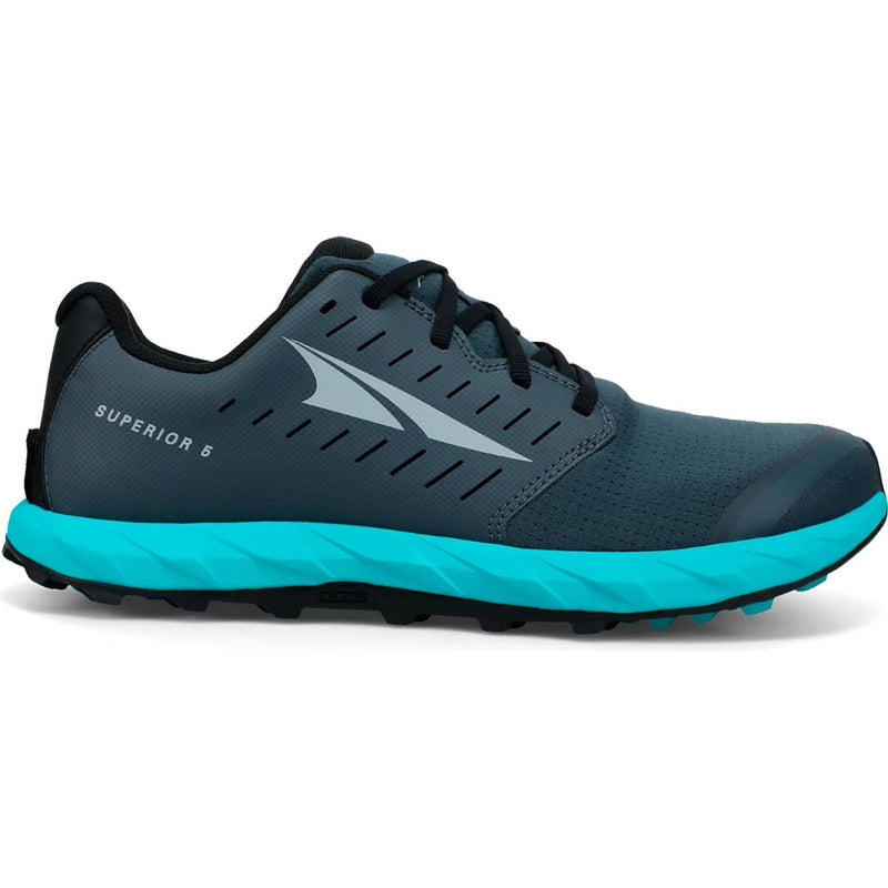 Side view on white background of Womens Altra Superior 5 running shoe in Dark Slate, Medium (Regular) width
