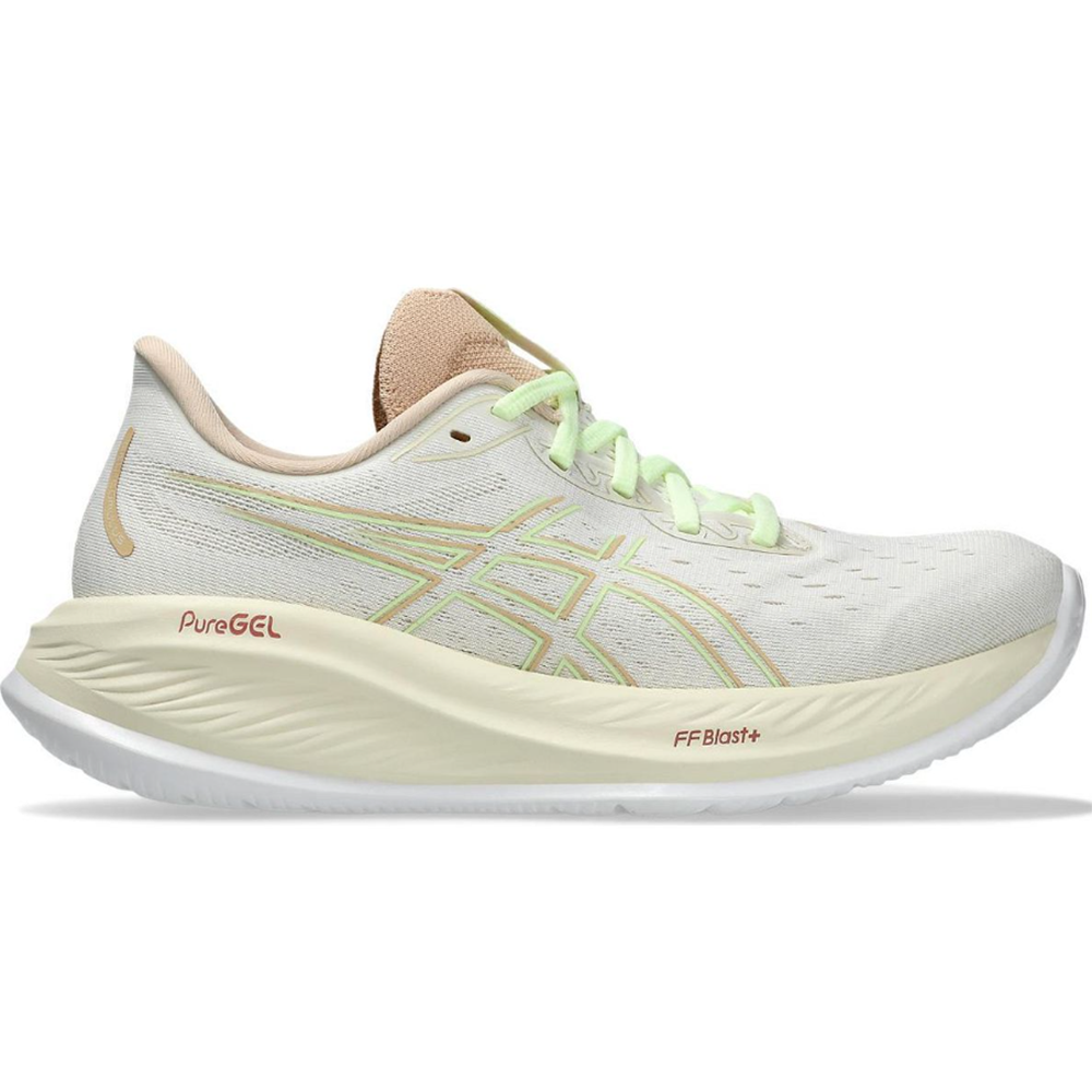Side view on white background of Womens Asics Gel-Cumulus running shoe in Cream/Illuminate Yellow, Medium (Regular) width
