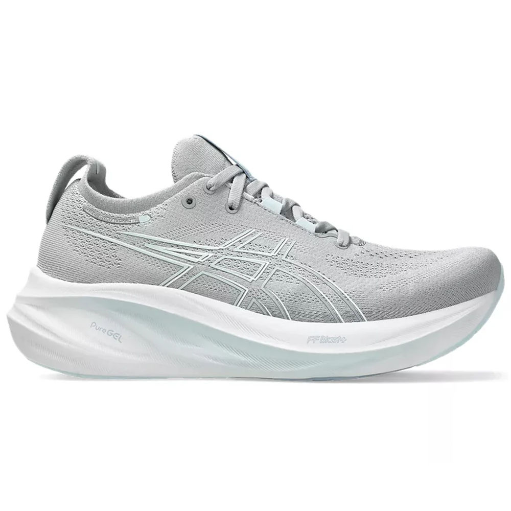 Side view on white background of Womens Asics Gel-Nimbus running shoe in Piedmont Grey/Grey Blue, Medium (Regular) width