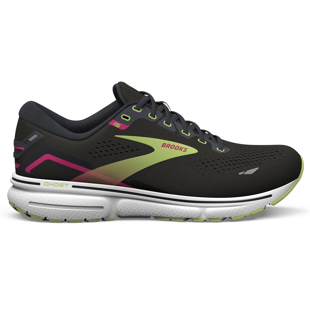 Women's Brooks Ghost 15, Black/Ebony/Sharp Green, 7.5 B Medium