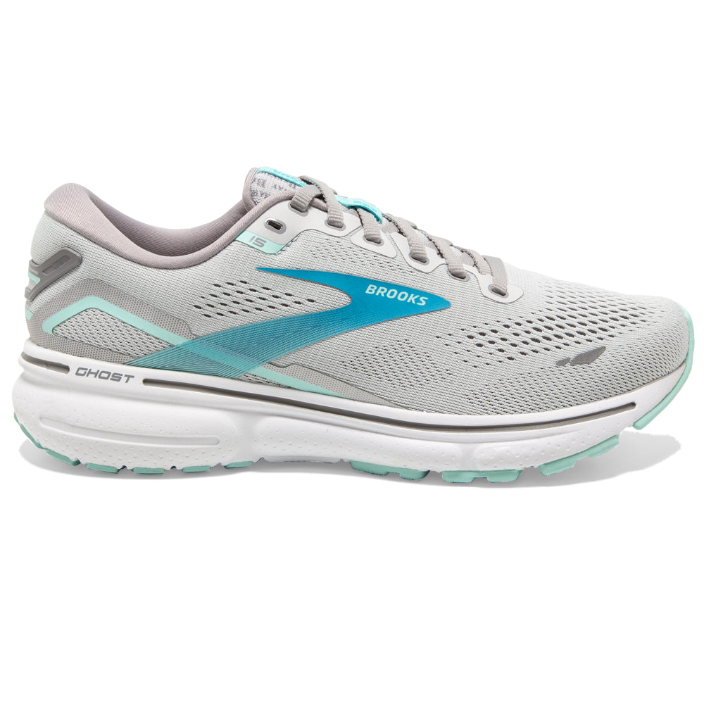 Women's Brooks Ghost 15, Grey/Blackened Pearl/Blue, 11.5 B Medium