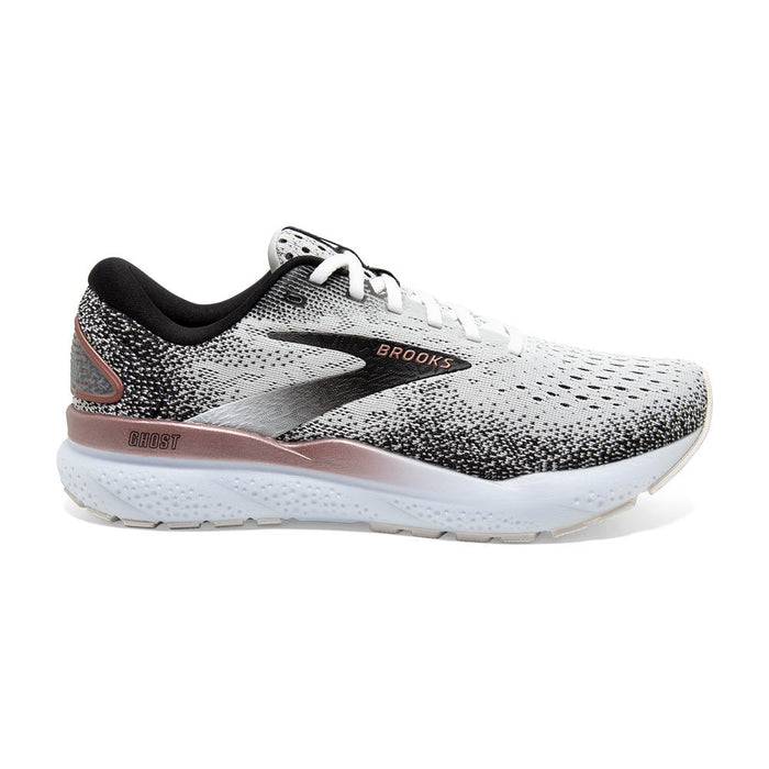 Women's Brooks Ghost 16, White/Black/Rose Gold, 6 B Medium