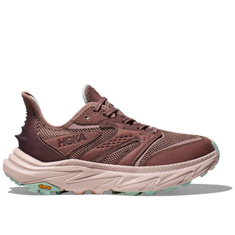 Side view on white background of Womens Hoka Anacapa 2 Freedom running shoe in Quartzite/Cosmic Pearl, Medium (Regular) width