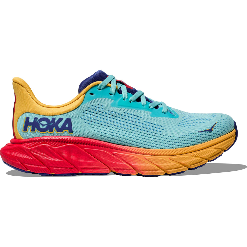Side view on white background of Womens Hoka Arahi running shoe in Cloudless/Poppy, Medium (Regular) width