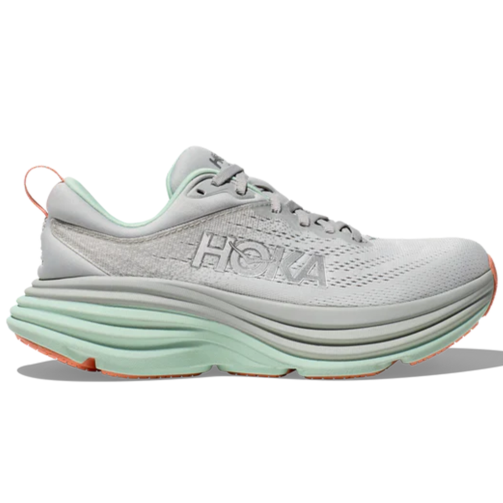 Side view on white background of Womens Hoka Bondi running shoe in Stardust/Aqua Breeze, Medium (Regular) width