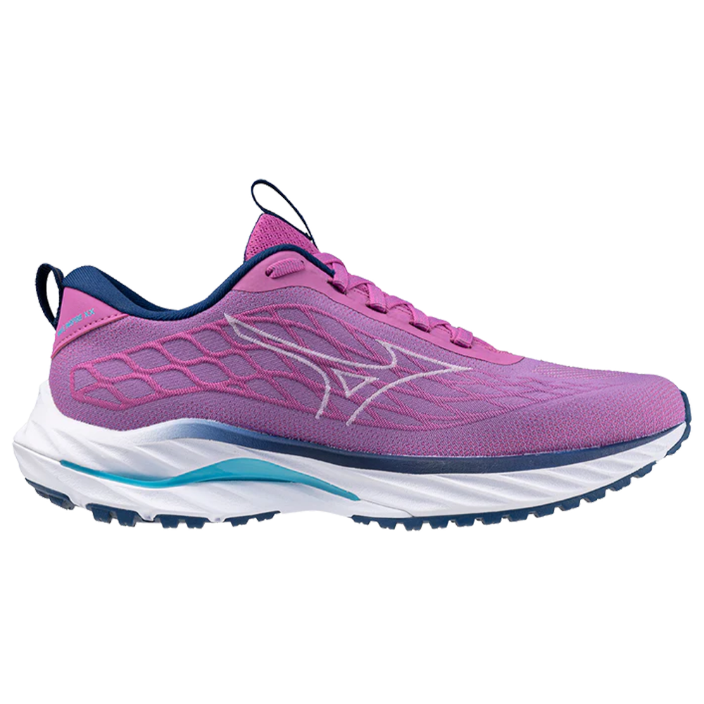 Side view on white background of Womens Mizuno Wave Inspire running shoe in Rosebud/White, Medium (Regular) width