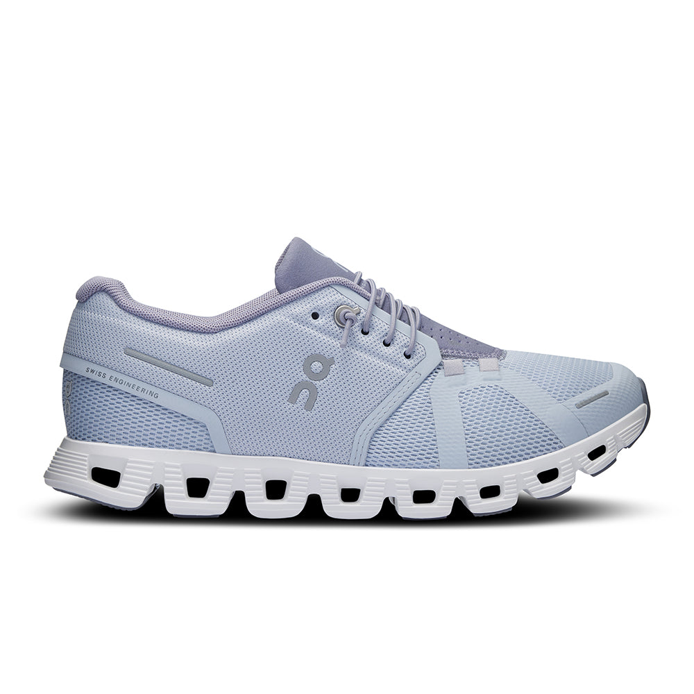 Side view on white background of Womens On Cloud running shoe in Heather/Fossil, Medium (Regular) width