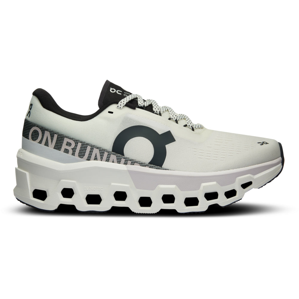Side view on white background of Womens On Cloudmonster running shoe in Undyed/Frost, Medium (Regular) width