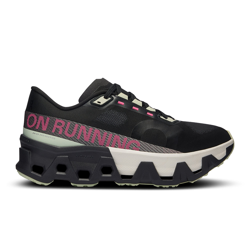 Side view on white background of Womens On Cloudmonster running shoe in Iron/Black, Medium (Regular) width