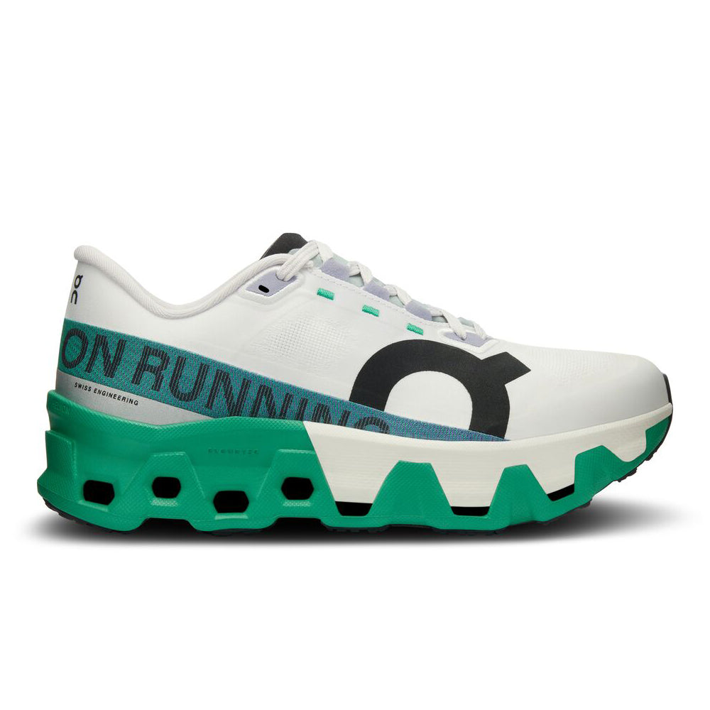 Side view on white background of Womens On Cloudmonster Hyper running shoe in Undyed/Mint, Medium (Regular) width