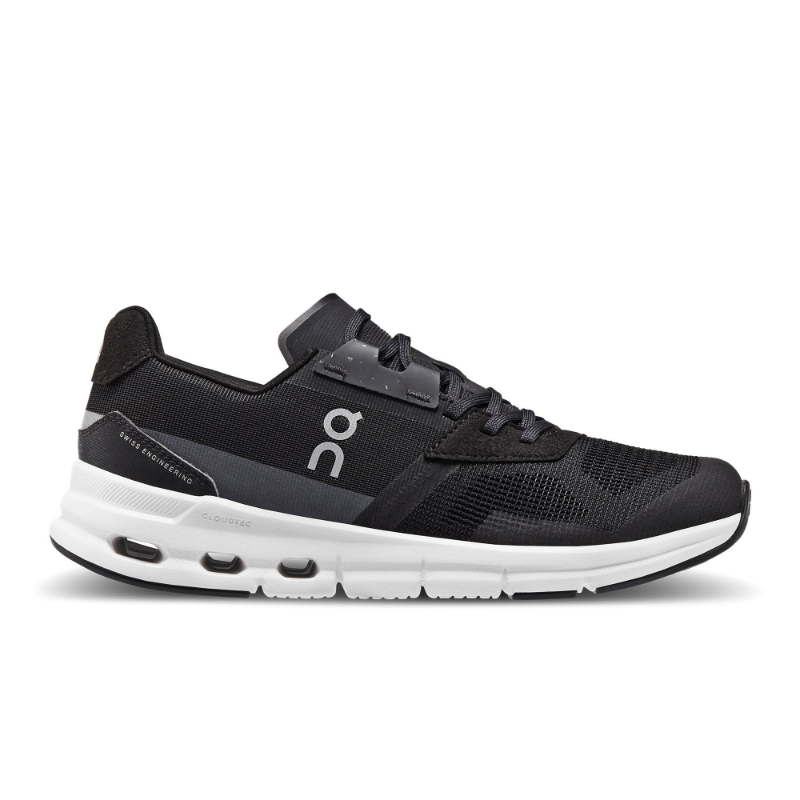 Side view on white background of Womens On Cloudrift running shoe in Black/White, Medium (Regular) width