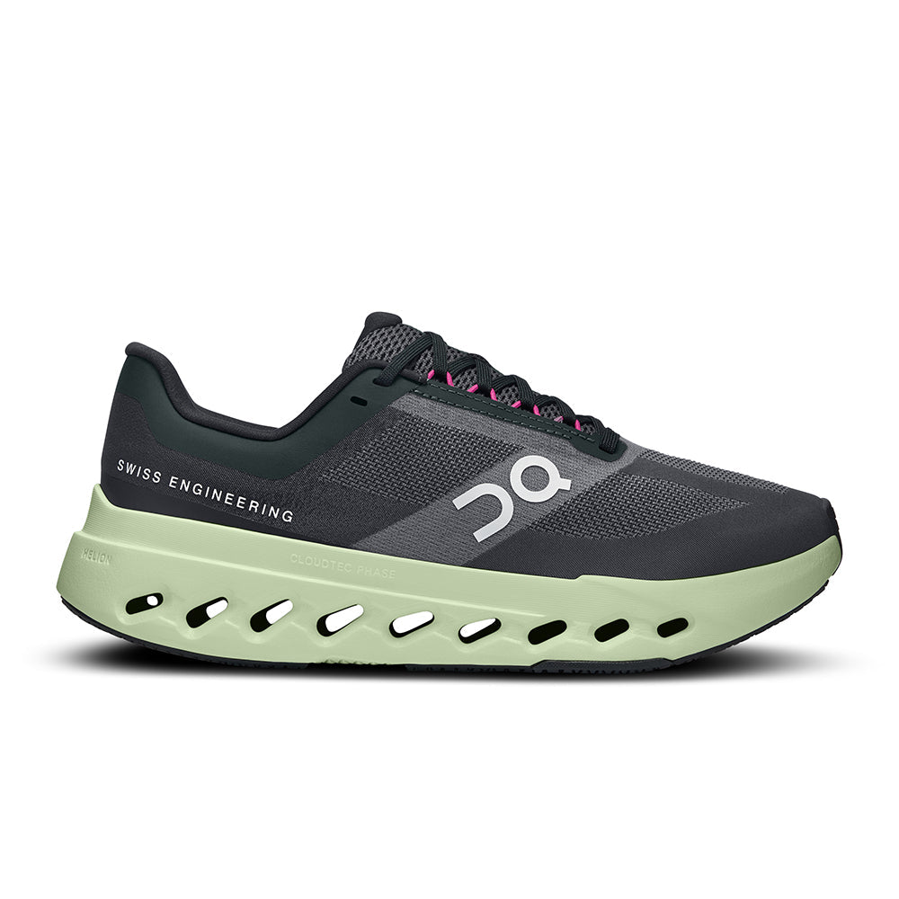 Side view on white background of Womens On Cloudsurfer running shoe in Black/Lima, Medium (Regular) width