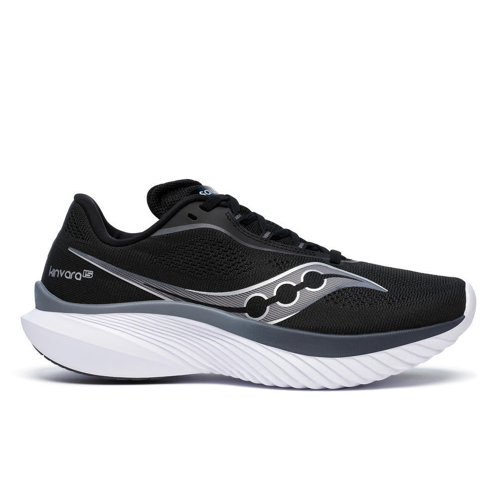 Side view on white background of Womens Saucony Kinvara running shoe in Black/White, Medium (Regular) width