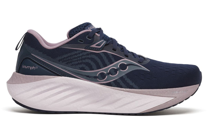 Side view on white background of Womens Saucony Triumph 22 running shoe in Navy/Dusk, Medium (Regular) width