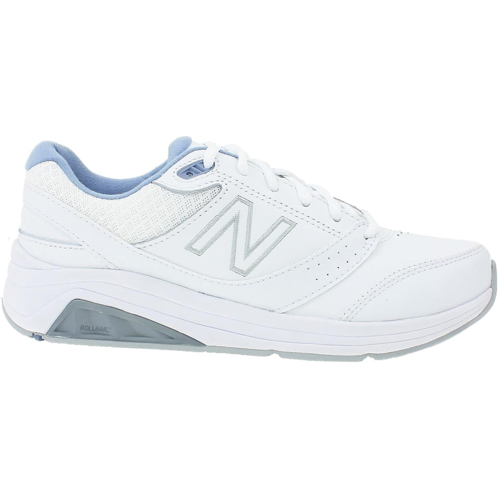Side view on white background of Womens New Balance 928v3 running shoe in White/Blue, Extra Extra Wide width