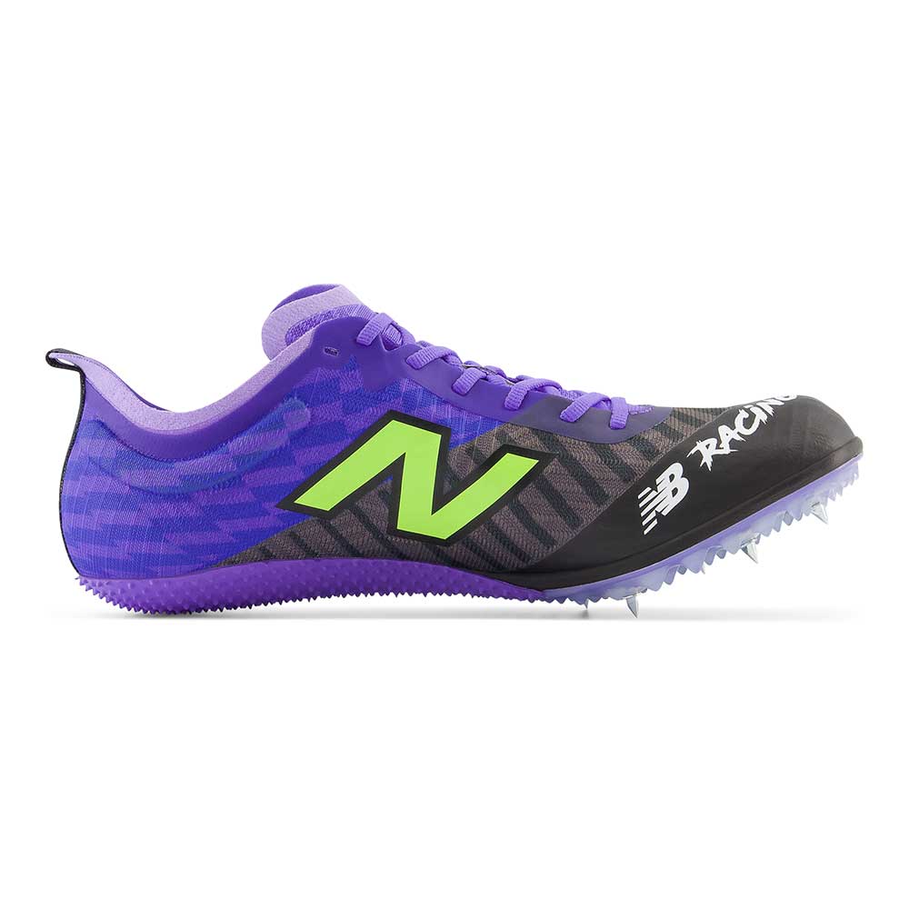 Side view on white background of Womens New Balance FuelCell SD100 v5 running shoe in Electric Indigo/Black, Medium (Regular) width