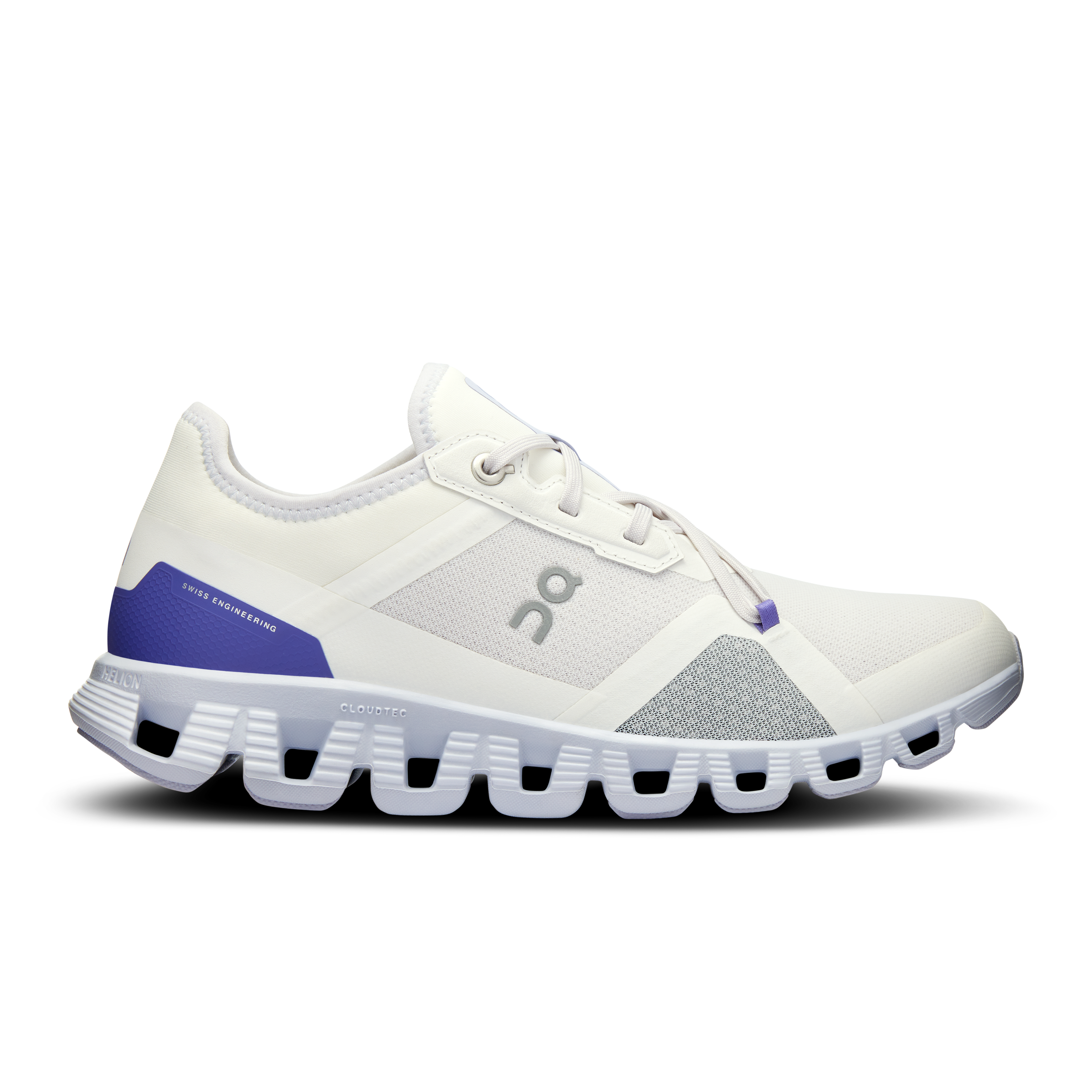 Side view on white background of Womens On Cloud X 3 AD running shoe in Undyed/Nimbus, Medium (Regular) width