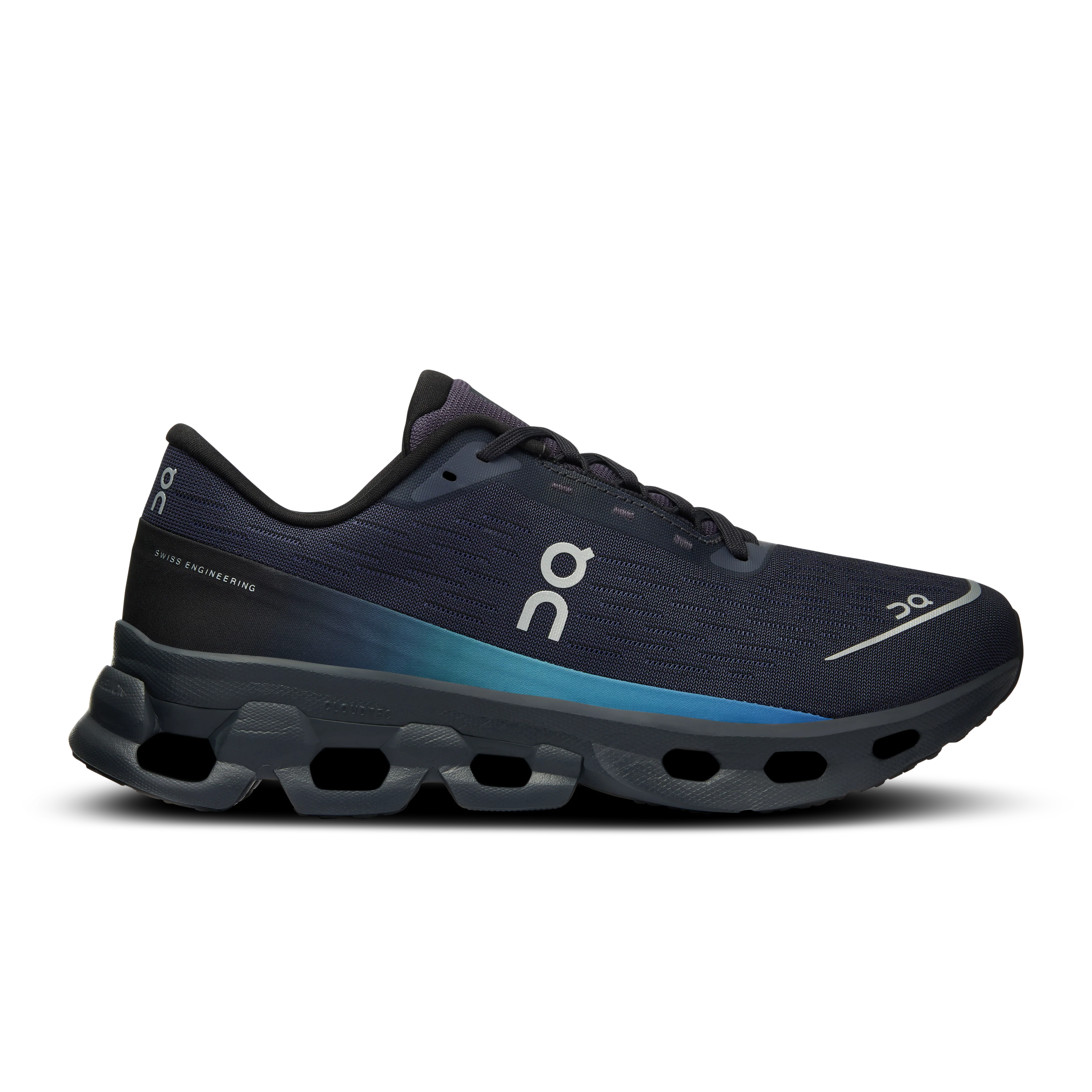 Side view on white background of Womens On Cloudspark running shoe in Black/Blueberry, Medium (Regular) width