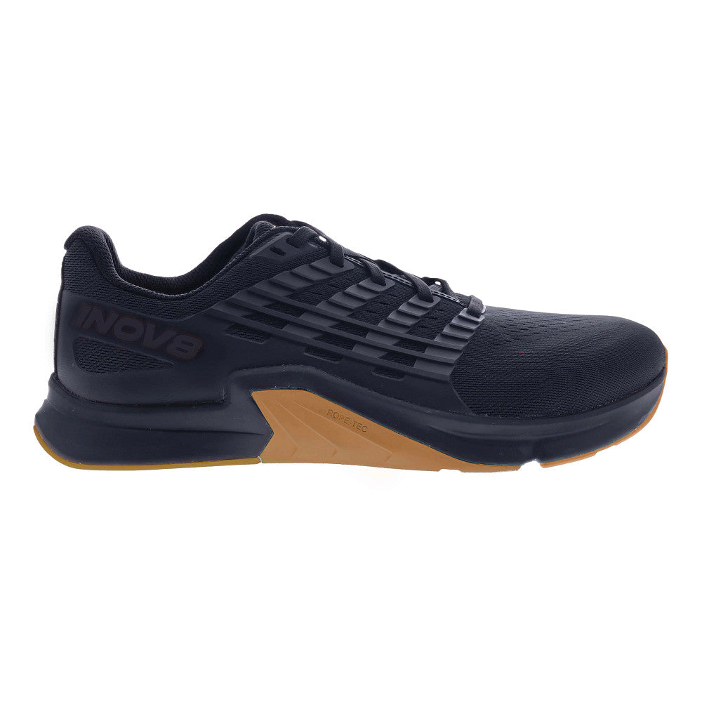 Side view on white background of Mens Inov8 F-Lite running shoe in Black/Gum, Wide width