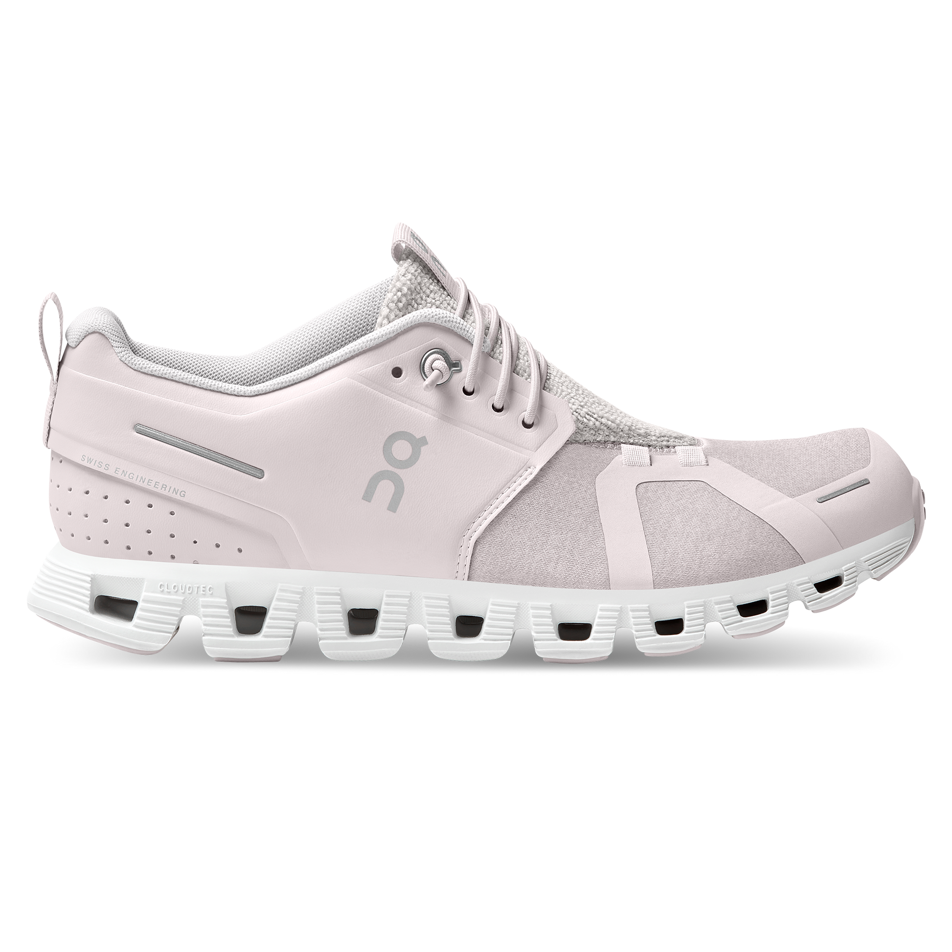 Side view on white background of Womens On Cloud 5 Terry running shoe in Lily/Sand, Medium (Regular) width