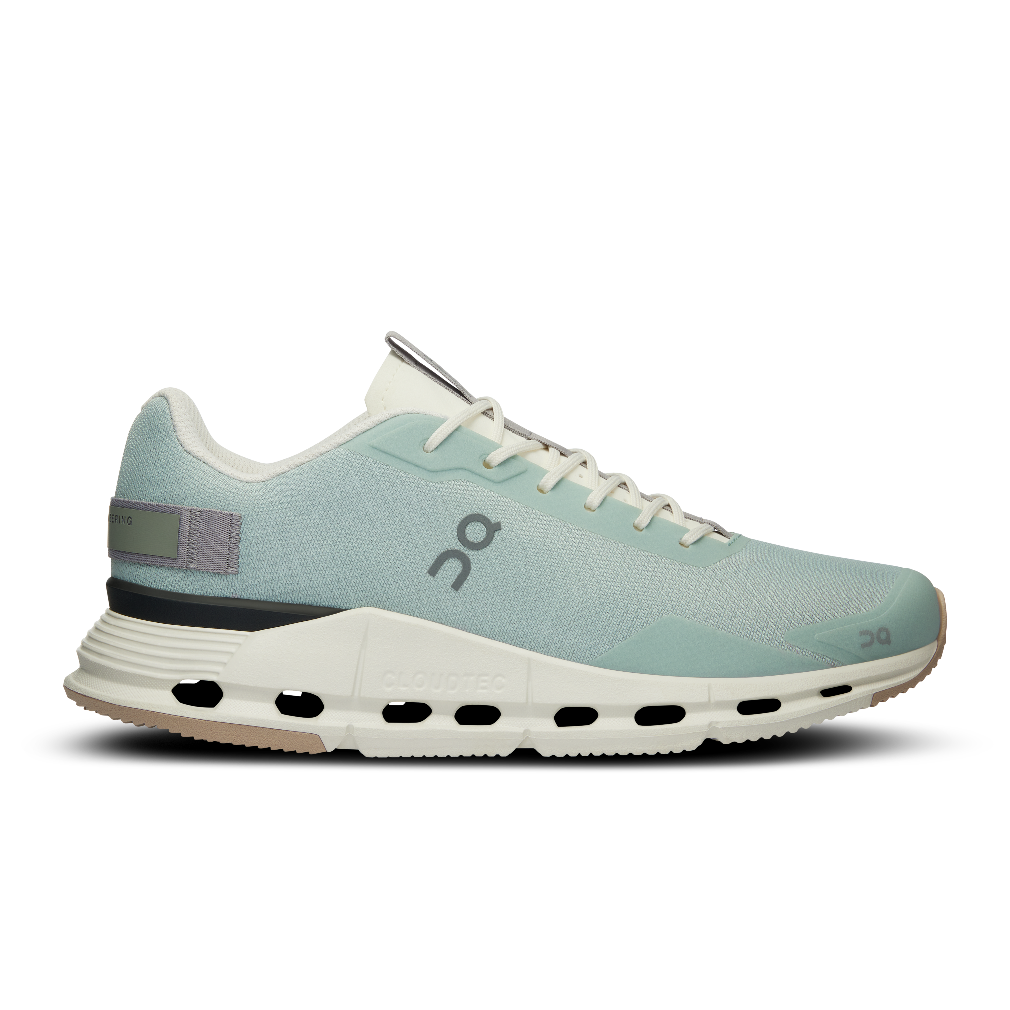 Side view on white background of Womens On Cloudnova Form running shoe in Mineral/Ivory, Medium (Regular) width
