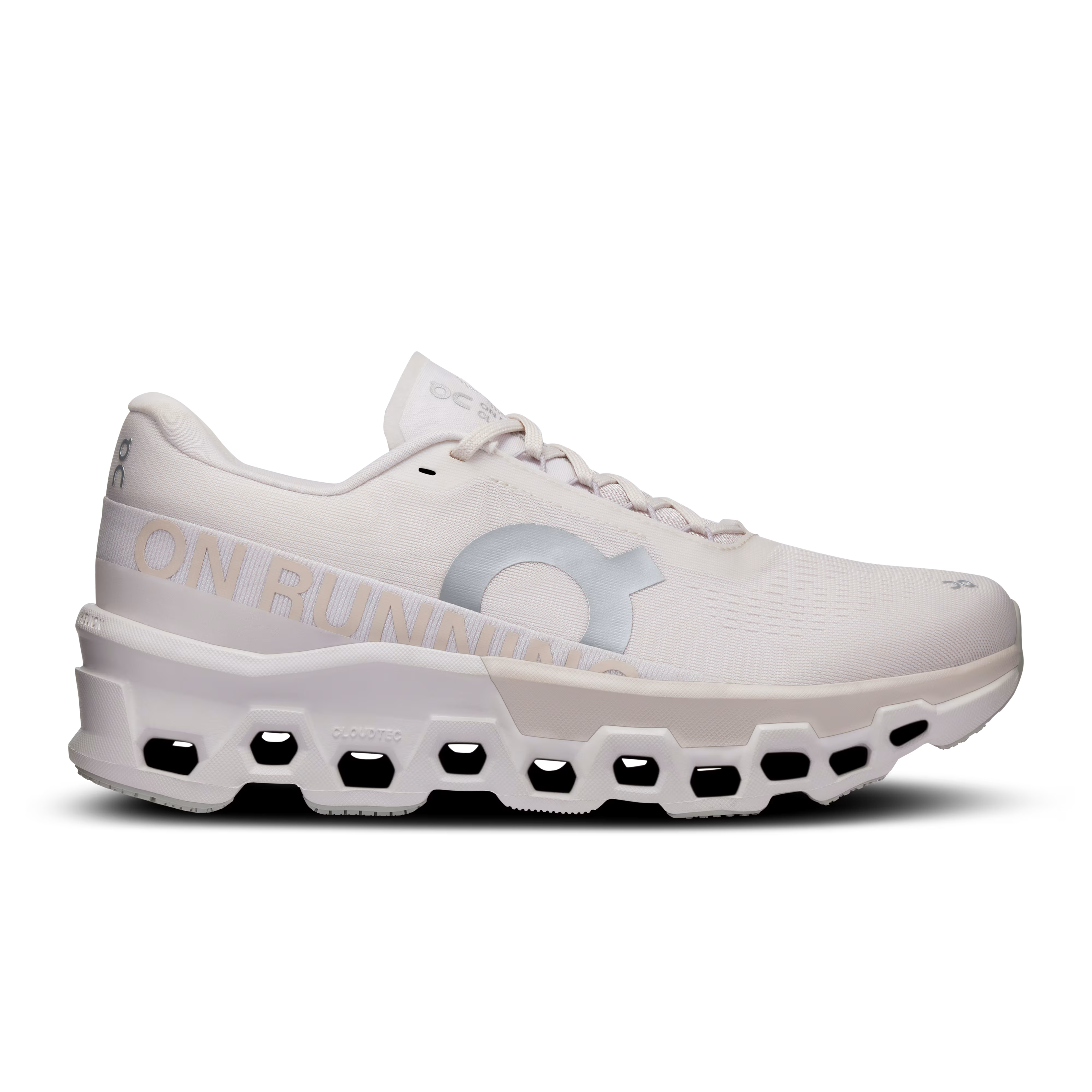 Side view on white background of Womens On Cloudmonster 2 running shoe in Sand/Frost, Medium (Regular) width