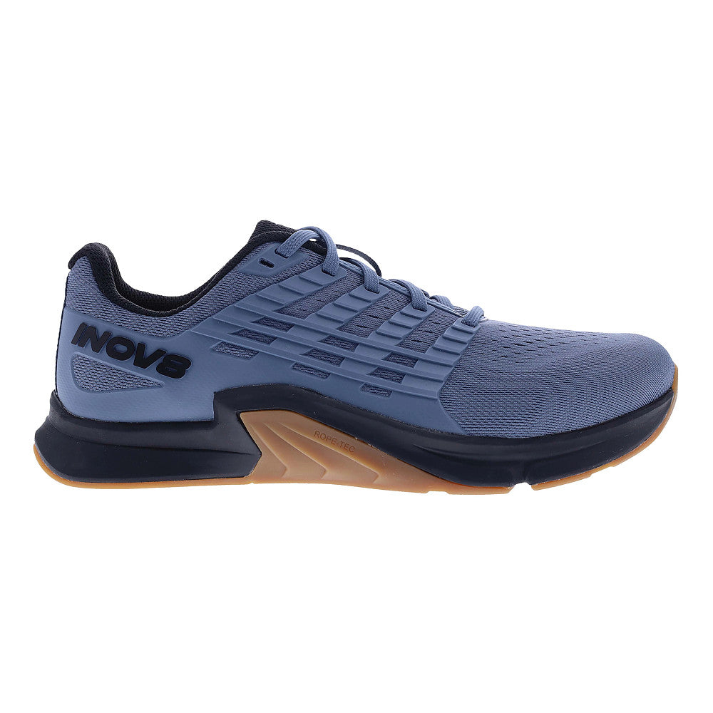 Side view on white background of Mens Inov8 F-Lite running shoe in Slate/Blue Grey, Wide width