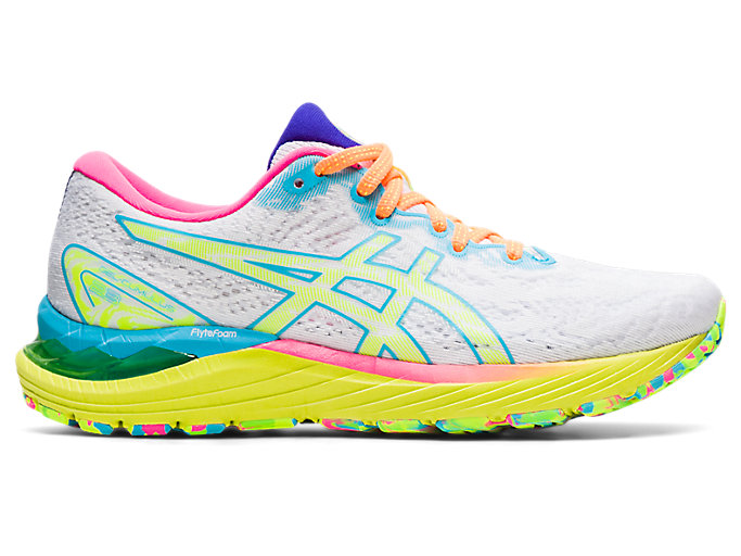 Women's Asics Gel-Cumulus 23, White/Safety Yellow, 8.5 B Medium