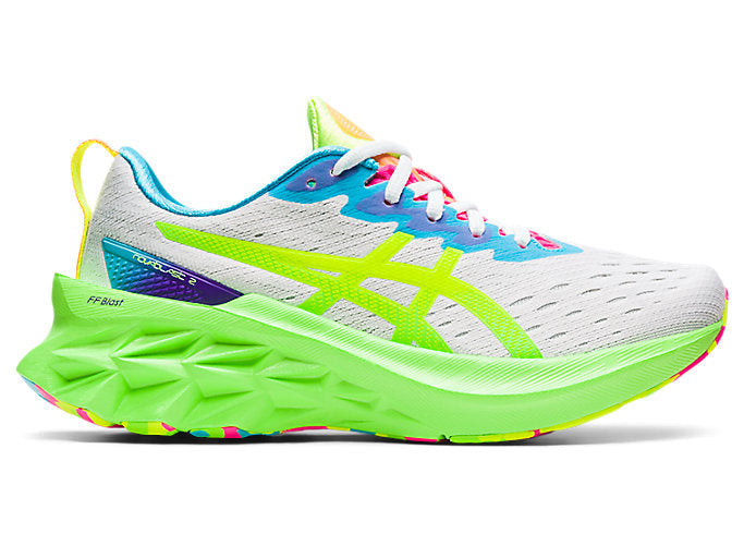 Women's Asics Novablast 2, White/Safety Yellow, 8.5 B Medium