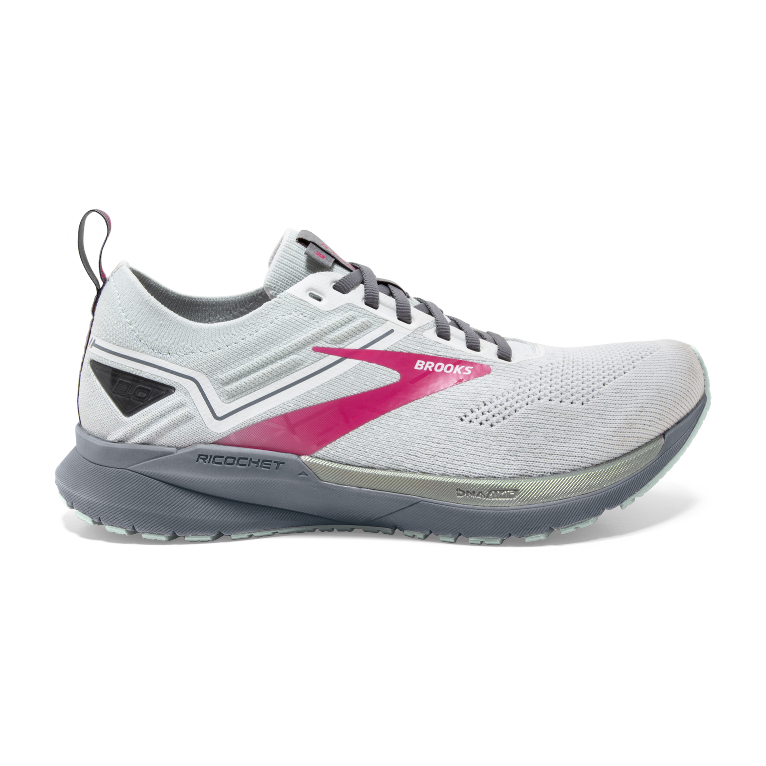 Women's Brooks Ricochet 3, White/Ice Flow/Pink, 11 B Medium