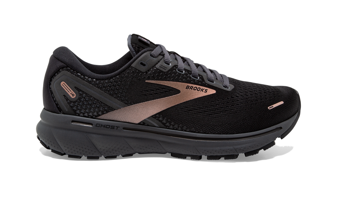 Women's Brooks Ghost 14, Black/Ebony/Rose Gold, 9.5 B Medium