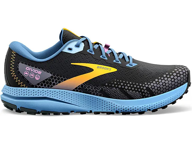 Women's Brooks Divide 3, Black/Blue/Yellow, 9 B Medium