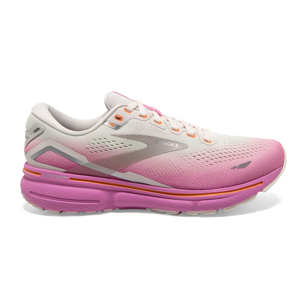 Women's Brooks Ghost 15, Grey/Coconut/Fuchsia, 6 B Medium