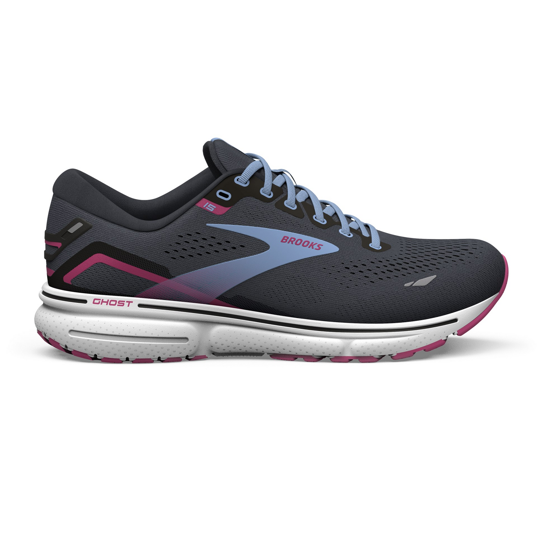 Women's Brooks Ghost 15, Ebony/Open Air/Lilac Rose, 8 B Medium