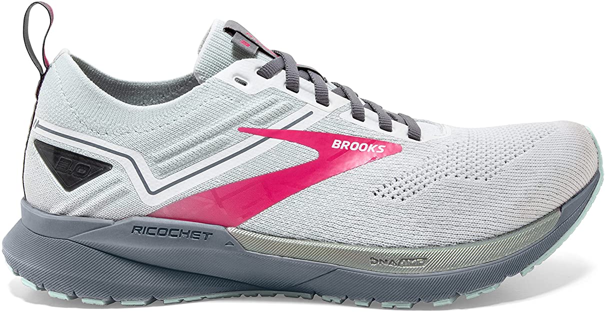 Women's Brooks Ricochet 3, White/Ice Flow/Pink, 7 B Medium