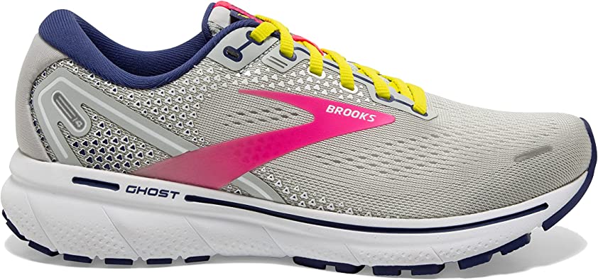 Women's Brooks Ghost 14, Grey/Pink/Sulphur Spring, 8.5 B Medium