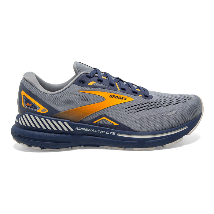 Men's Brooks Adrenaline GTS 23, Grey/Crown Blue/Orange, 15 D Medium