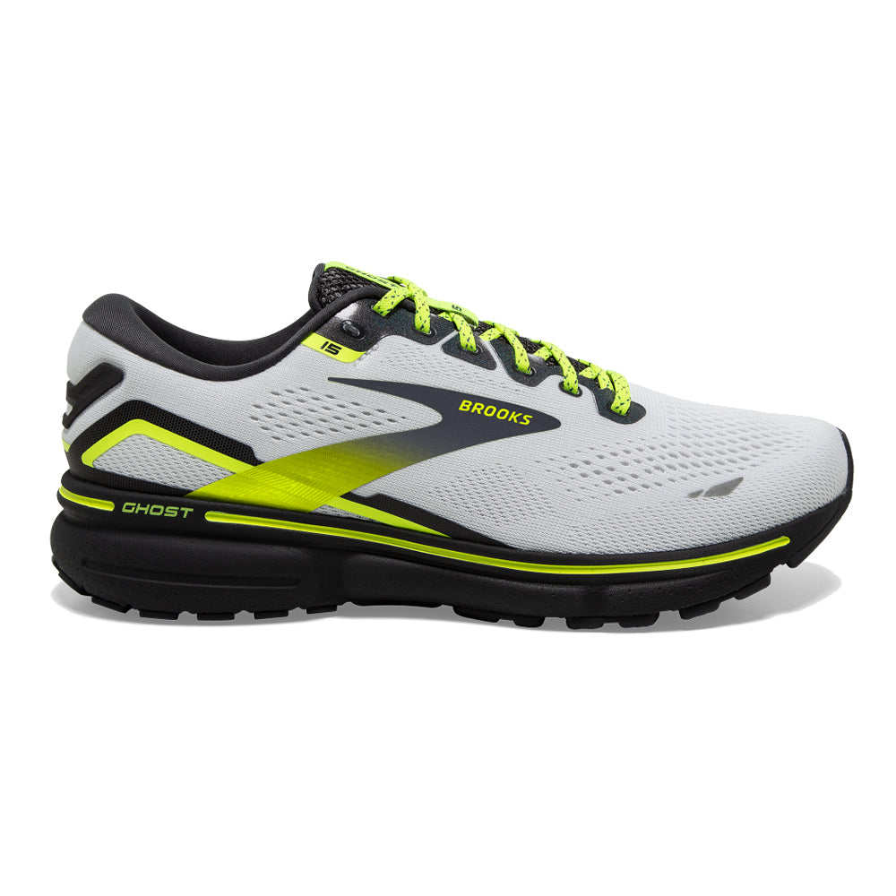 Men's Brooks Ghost 15, White/Ebony/Nightlife, 7 D Medium