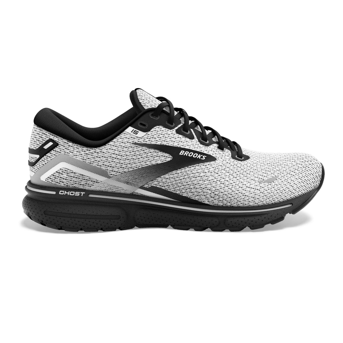 Men's Brooks Ghost 15, White/Black, 7.5 D Medium