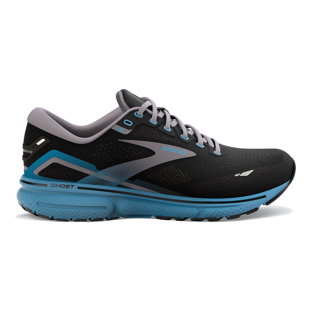 Men's Brooks Ghost 15, Black/Blackened Pearl/Blue, 15 D Medium