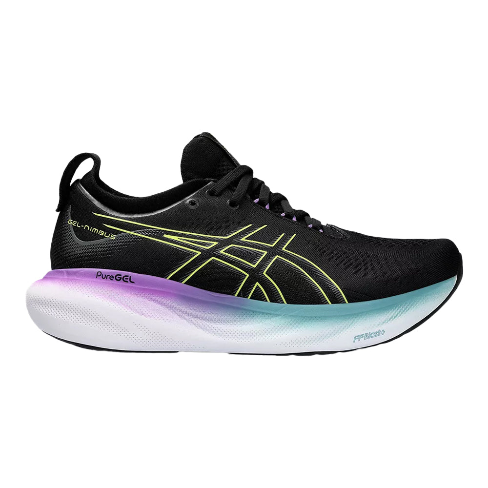 Women's Asics Gel-Nimbus 25, Black/Glow Yellow, 6.5 D Wide