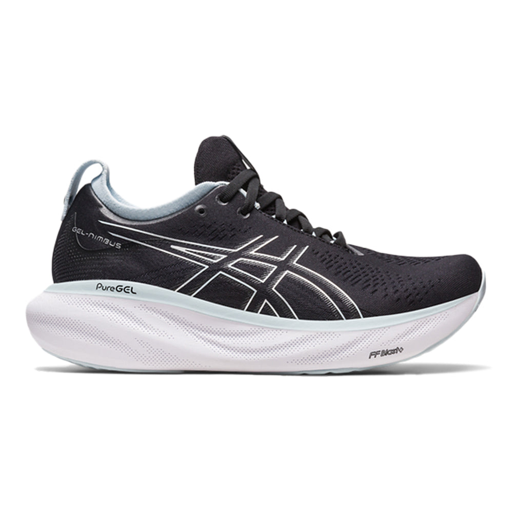 Women's Asics Gel-Nimbus 25, BLACK/REBORN BLUE, 5 B Medium