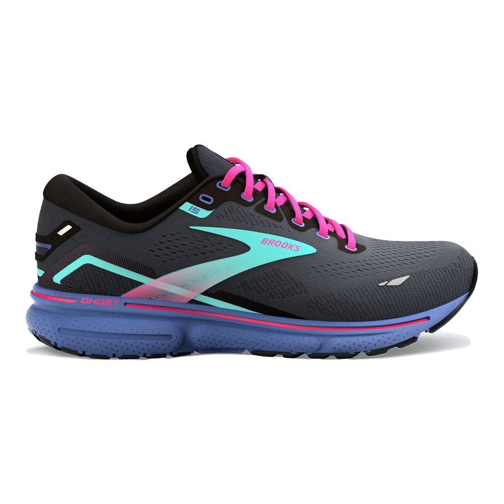 Women's Brooks Ghost 15, Black/Blue/Aruba, 6.5 B Medium