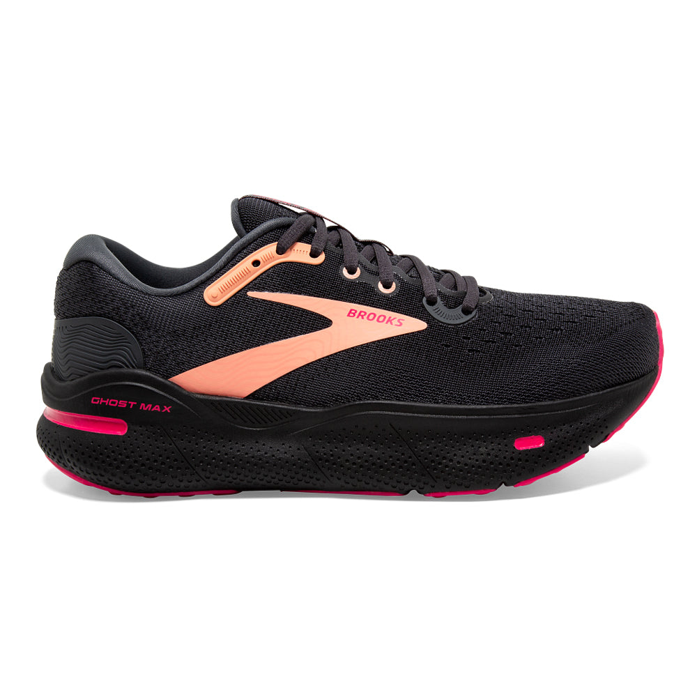 Women's Brooks Ghost Max, Black/Papaya/Raspberry, 6.5 B Medium