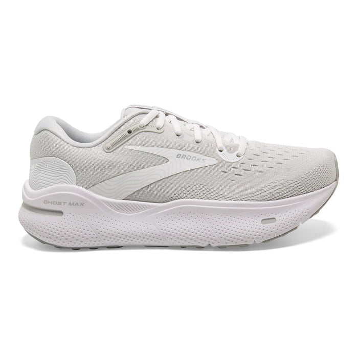 Women's Brooks Ghost Max, White/Oyster/Metallic Silver, 8 D Wide